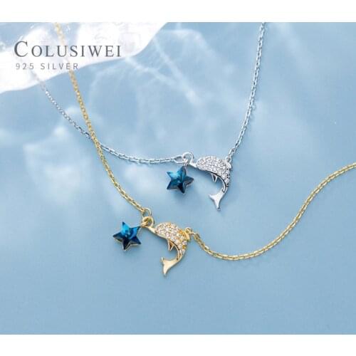Colusiwei Blue Crystal Pandant Clear CZ Cute Animal Dolphin Genuine 925 Sterling Silver Pendant Necklace for Women Fine Jewelry