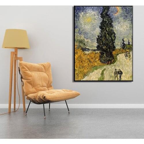 Famous Painter Van Gogh - Road with Cypress Under Starry Sky Poster Canvas Painting Wall Art Painting for Living Room Home Decor