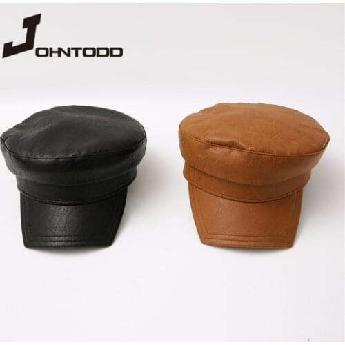 2021 New Fashion Autumn Winter Women Man Pu Leather Military Cap Gorras Outdoors Ladies Snapback Caps Female Beret British Style