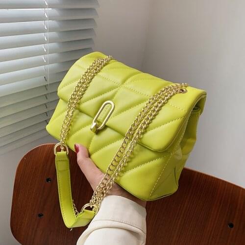 Kiwi Green Summer PU Leather Flap Crossbody Bags for Women 2021 Luxury Solid Color Shoulder Handbags Chain Purses