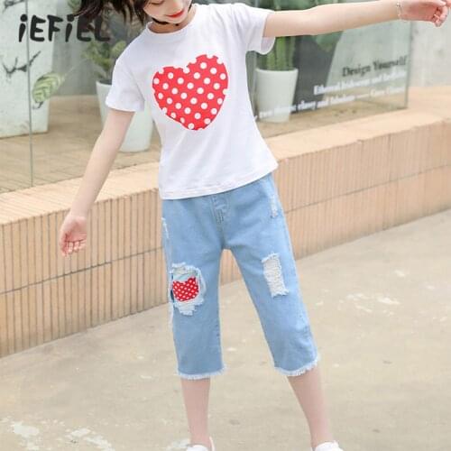 Girls Summer Fashion Outfits Heart Printed Short Sleeves T-shirt Tops + Ripped Jeans Cropped Trousers Children Kids Clothes Set