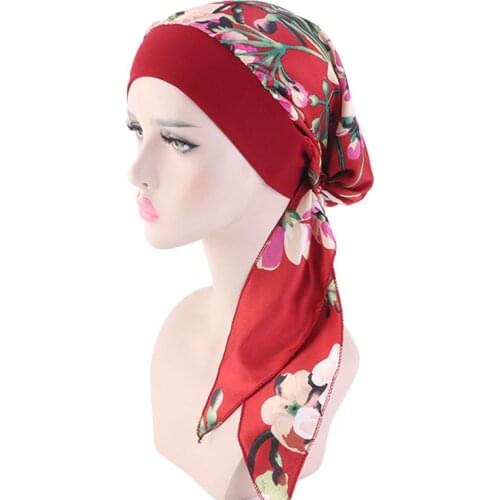 Fashion Muslim Women Printed Silk Turban Caps Islamic Hijab Long Tail Muslim Headscarf Bonnet Ladies Hair Accessories Chemo Cap