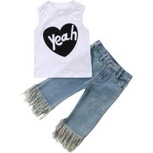 Wholesale Kid Baby Girls Clothes Sets Summer Sleeveless Letter Tops Denim Pants 2pcs Outfits Fashion Clothing 0-5Years