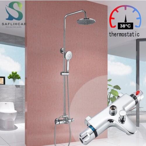 Polished Chrome Thermostatic Bathroom Shower Faucet 8inch Rainfall Shower Head Bath Thermostat Shower Kit Hot Cold Mixer Tap