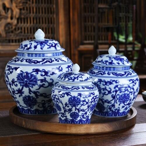 Simple Blue and White Porcelain General Tank Ceramic Storage Tank with Lid Ceramic Tea Pot Large Sealed Storage Tea Storage Jar