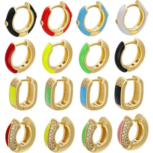 1 Piece Small Hoop Earrings Neon Green Yellow Bright Fluorescent Jewelry Enamel Circle Round Shape CZ Gold Color Earing Chunky