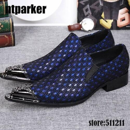 Luxury Handmade Western Fashion Pointed Metal Toe Dress Shoes Blue/Grey Party Wedding Leather Shoes for Men, EU38-46