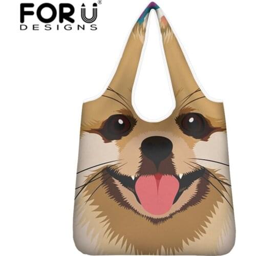 FORUDESIHNSPomeranian Foldable Recycle Shopping Bag Cute Pug Shopping Tote Bag Convenient Fruit Vegetable Grocery Pocket