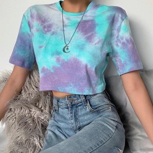 Colorful Tie Dye Crop Top for Wome Round Neck Short Sleeve T-Shirts Ins Popular Pullover Tees Loose Causal Summer Streetwear