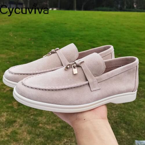 Hot Sale Summer Walk Shoes Hanged Metal Loafers Green Suede Ladies Flat Shoes Woman Slip-on Casual Shoes For Women