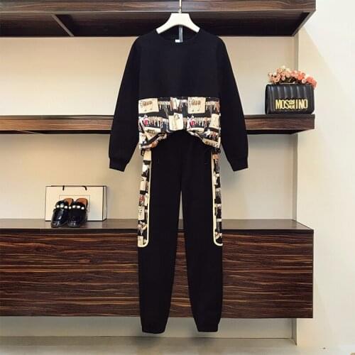 O neck 2021 spring long sleeved crop top cartoon black and jogging pants women suit casual two piece sports sets clothes big 5XL