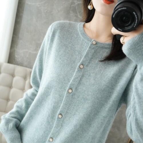High-end high-quality O-neck long-sleeved solid color knitted cardigan womens 100% cashmere wool sweater FRSEUCAG brand jacket
