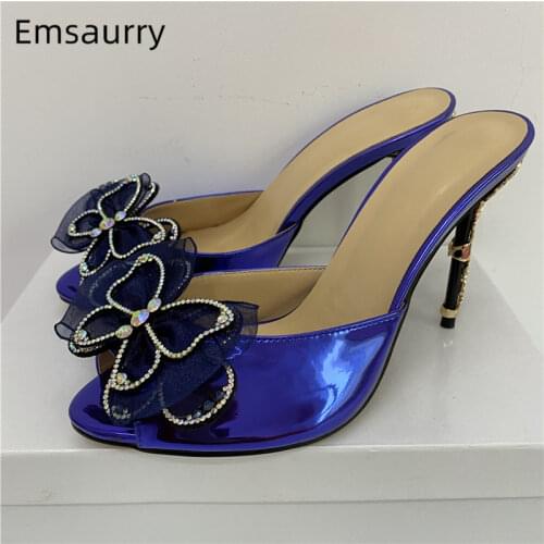 Jeweled Rhinestone Flower Runway Mules Lady Patent Leather Slingbacks Petal Decor High Heels Sandals Women Summer