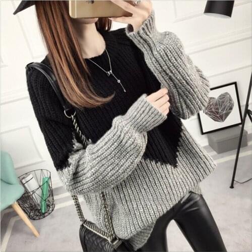 Womens Thick Color Contrast Sweater Female Stitching Autumn Winter Plus Size Casual Loose Bottoming Outer Wear Sweater Ladies