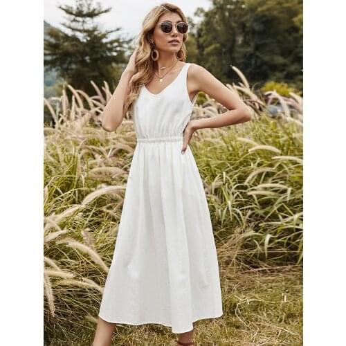 2021 Spring New Style Woman Vest Dress Cotton Sleeveless Pure Color Midi Dress Stitching Large Swing Casual Loose Dress