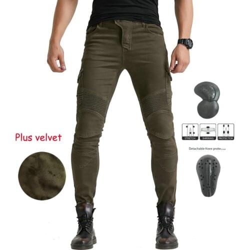 Winter leisure army green overalls motorcycle jeans outdoor plus velvet warm motorcycle riding pants with 4 pads