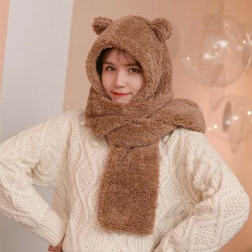 Winter New Cute Bear Hat Scarf One Two-Piece Thick Plush Warm Scarf Student Girl