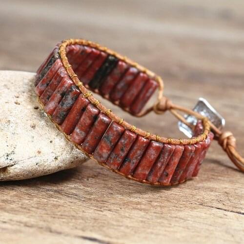 4*13mm Cylindrical Sesame Red Beads Leather Bracelet DIY Handmade Strand Charm Wrap Bracelet Women Men Jewelry