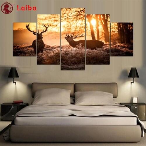 DIY Diamond Painting Modern animal art, forest deer at sunset diamond Embroidery 5d mosaic Diamond room decor5pcs