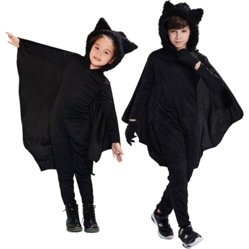 Black Vampire Bat Cosplay Costume Masquerade Kids Evil Horror Hooded Vampire Bat Sleeve Role Play Halloween Costumes C38885CH