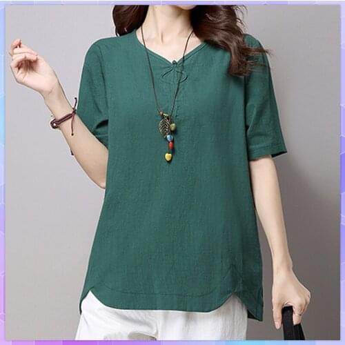 4XL Pius Size Solid Womens Cotton Linen Tee Shirts V-neck Short Sleeve Oversized T-shirt Summer Large Size Casual Tops Femmel