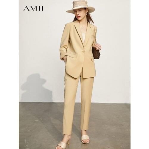 Amii Minimalism Spring New Womens Suit Offical Lady Solid Lapel Blazer Women Causal High Waist Suit Pants 12130081