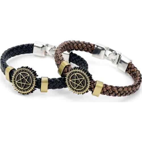 Handmade Leather Bracelet Movie Themed Jewelry Supernatural Amulet Bangle Mens Bangles Accessories Party Gift