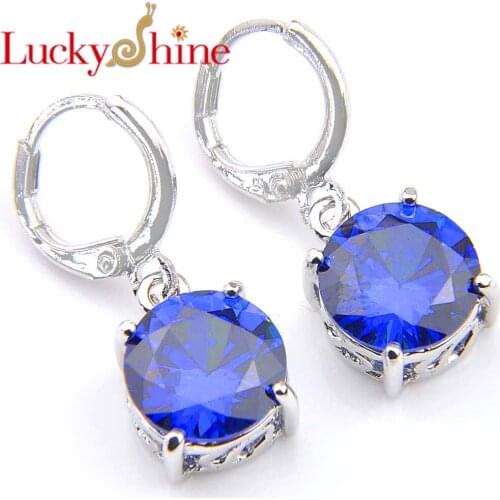 Luckyshine Round Blue Crystal Cubic Zirconia Silver Wedding Dangle Earrings Russia USA Australia Earrings Free Shipping