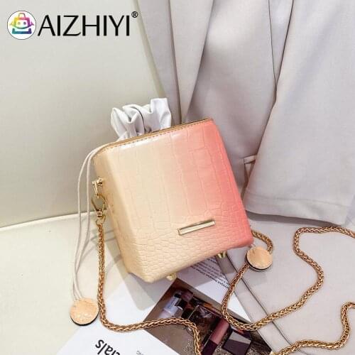 Fashion Women Box Shape Gradient Color PU Leather Shoulder Crossbody Bag Casual Ladies Drawstring Chain Small Handbag Purse