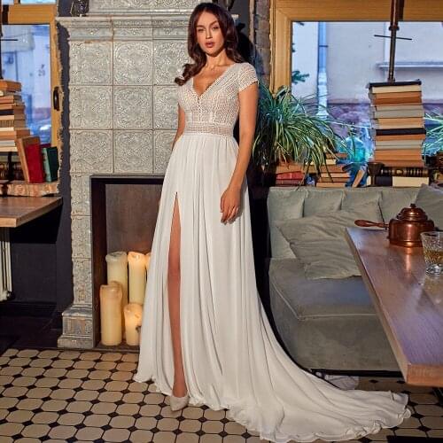 Charming A-Line Chiffon Boho Wedding Dress Deep V-Neck 2021 Lace Short Sleeve Sweep Train Bridal Gowns with Slit