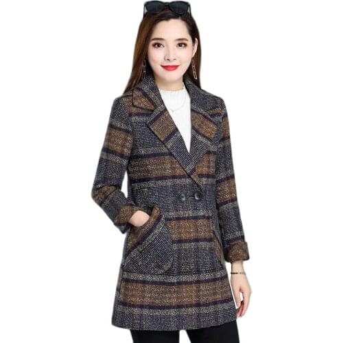 Autumn Winter 2021 Middle-aged Woolen Coat Female Lattice Tops Womens Coat Loose Casual Thicken Wool Jackets Outerwear Ladies