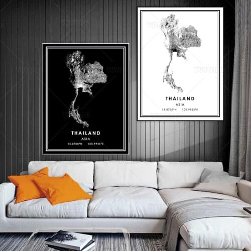 THAILAND Black and White World City Map Poster print Nordic Living Room Wall Art Pictures Home Decor Canvas Painting framed