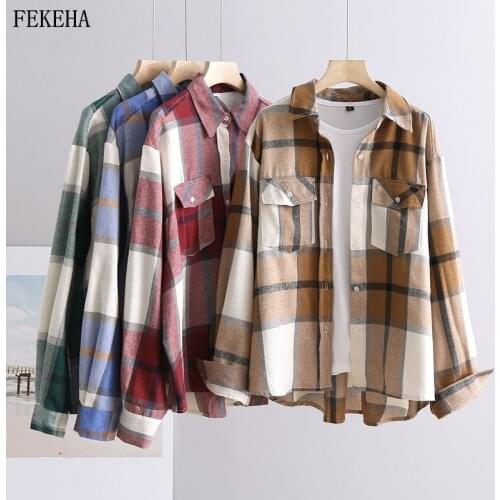 Autumn Plaid Shirts Women Blouses Loose Long Sleeve Lady Tops Two Pockets Female Clothes Outwear