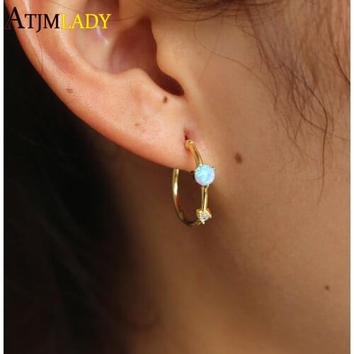 New 925 sterling silver jewelry cute sparking cz earring Round blue Opal stone hoop Earings girl women Opal cz Earrings