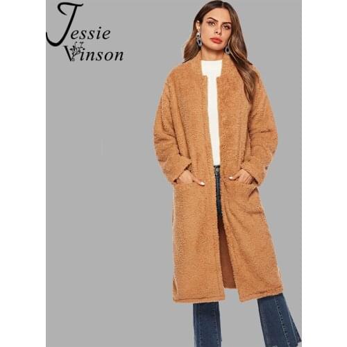 Jessie Vinson Long Sleeve Brown Fleece Cardigan Coat Women Casual Long Cardigan Coat for Autumn Winter Female Long Outwear Tops
