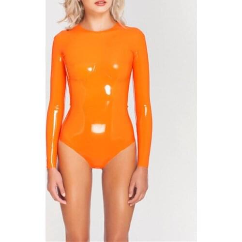 Neck entry latex swimwear orange womens long sleeve latex swimsuit made of 0.4mm thickness natural latex no zipper decorations
