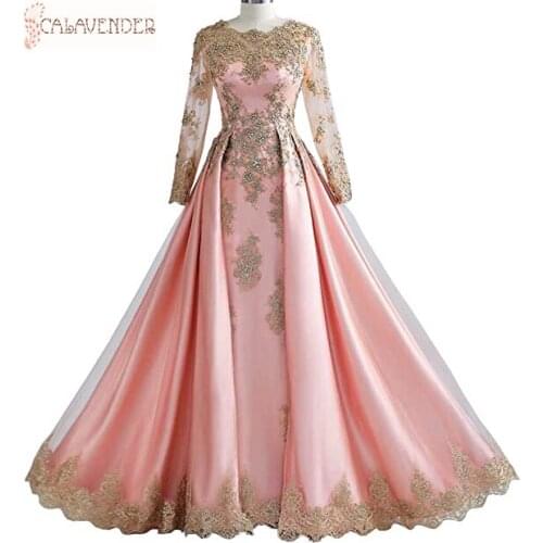 O-Neck Long Sleeve Prom Dresses 2020 Lace Appliques Pink Evening Dresses Long Beaded Satin Robe De Soiree