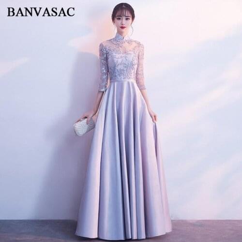 BANVASAC 2018 Vintage High Neck A Line Lace Appliques Long Evening Dresses Party Sash Illusion Zipper Back Prom Gowns