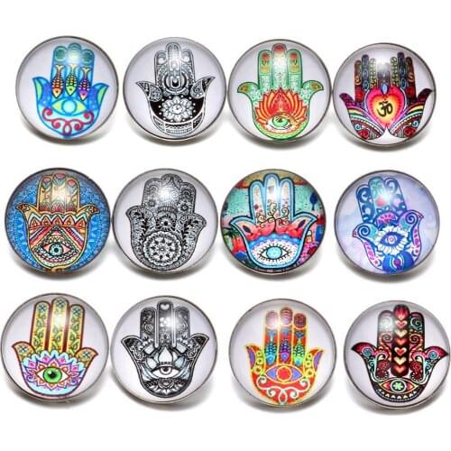 12pcs/lot Hand Of Fatima Theme 18mm Glass Snap Button Charms For 18mm Snaps Bracelet Snap Jewelry KZ0653