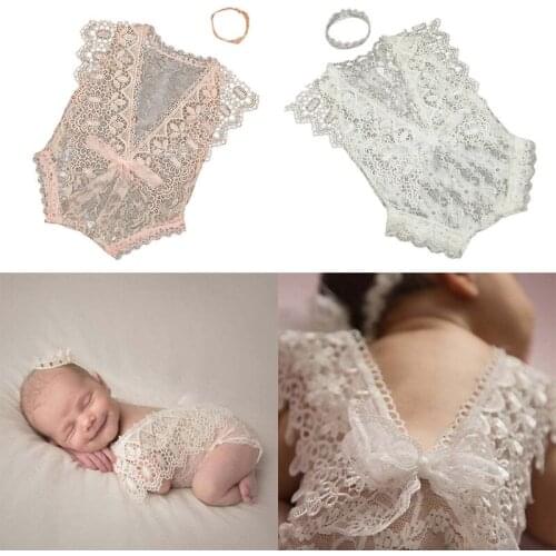 Newborn Photography Props Baby Crown Headband Lace Hollow out Romper Bodysuits