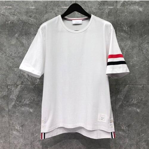 2021 Fashion TB THOM Brand T-Shirt Men Short Sleeve Casual Clothing Solid Striped Summer White O-neck 100% Cotton T-Shirts