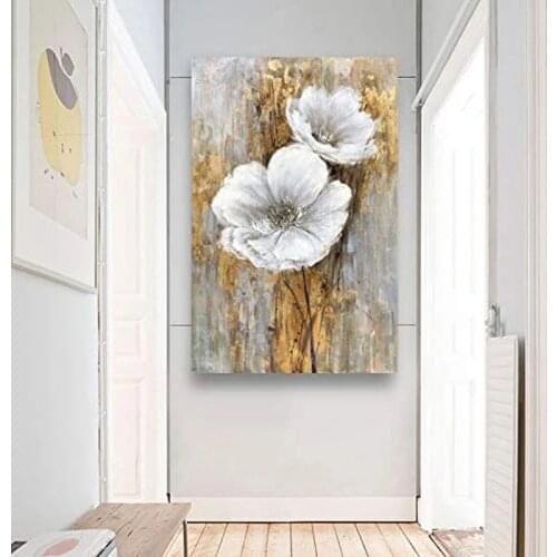 Two White Flowers Abstract Oil Painting Modern Hand-painted Wall Art Living Room Picture Home Decoration Painting No Frame