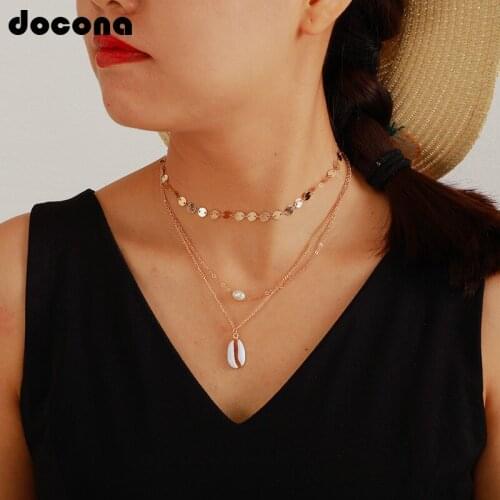 Docona Boho Gold Seashell Imitation Pearl Chain Multistorey Necklace for Women Beach Outfits Coin Conch Party Jewelry C15204
