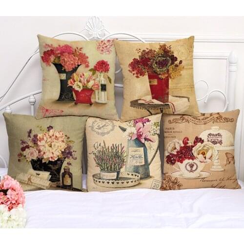 Decorative Pillow Cushion Case Rose Flower arrangement Pillowcase 17.5 Inch Cotton Linen Chair Seat Throw Pillow Cover P1075