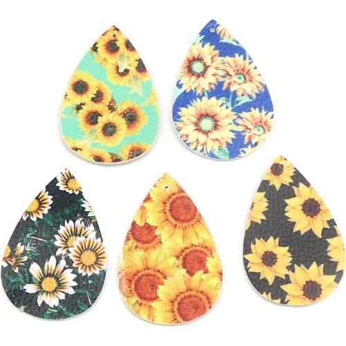 DoreenBox Leather Charms Pendants for DIY Earrings Sunflower Pattern Drop Shape PU Pendants for Wowen 5.7x3.7cm ,5/10PCs