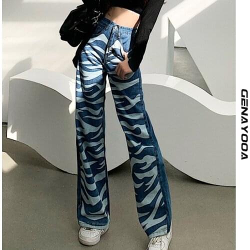 Genayooa Zebra Boyfriend Jeans For Women Denim Streetwear High Waist Jeans Mujer Hip Hop Loose Denim Pants Women Korean Chic