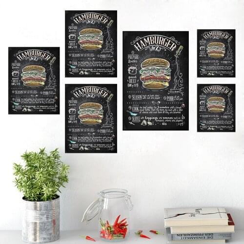 Canvas Delicate Hamburger Poster Restaurant Cafe Kitchen Wall Art Decoration Accessories Retro Hamburger Cooking Signs Painting