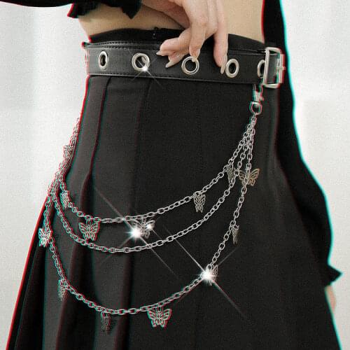 Good news! Womens three-layer butterfly chain hip hop punk gold silver metal chain pants, jewelry keychain