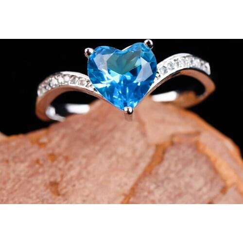 Classic Blue Heart Crystal Stone Rings for Women Bridal Wedding Engagement Party Silver Plated Ring Luxury Jewelry Gift