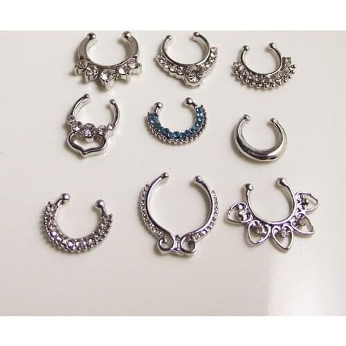 Medical Surgical Steel Titanium Silver Crystal Nostril Fake Nose Ring Fake Septum Hoop Rings Crystal For women